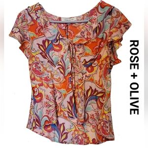 Rose & Olive Vibrant Paisley Blouse - Orange, Purple, Blue